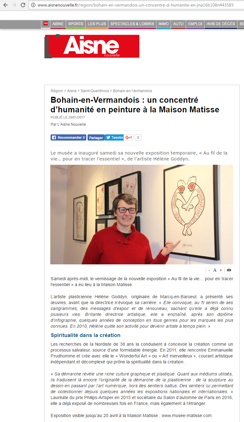 Exposition personnelle Helene Goddyn : Au fil de la vie... Pour en tracer l'essentiel!. Du 20 janvier au 20 avril au musée "Maison familiale d'Henri Matisse.a